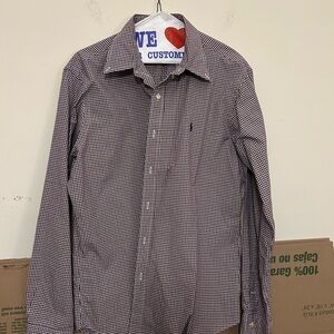 Ralph Lauren Oxford Shirt Checkered Burgundy Blue‎ Long Sleeve Dress Casual